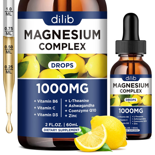 dilib Triple Magnesium Complex Supplement Magnesium Glycinate threonate Citrate Liquid Drops 1000mg with Ashwagandha CoQ10 Vitamin B6 C D Zinc - Vegan Lemon Flavor